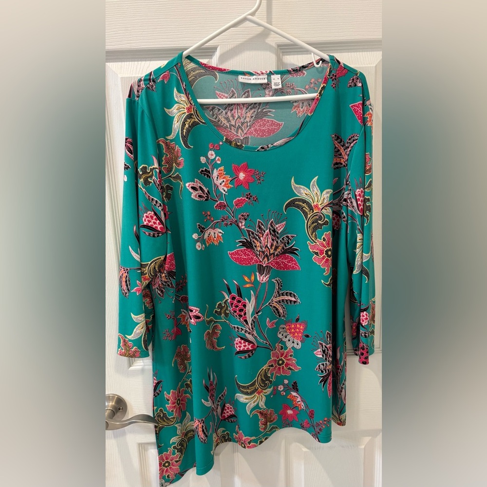 Susan Graver Teal Floral Scoop Neck Tunic